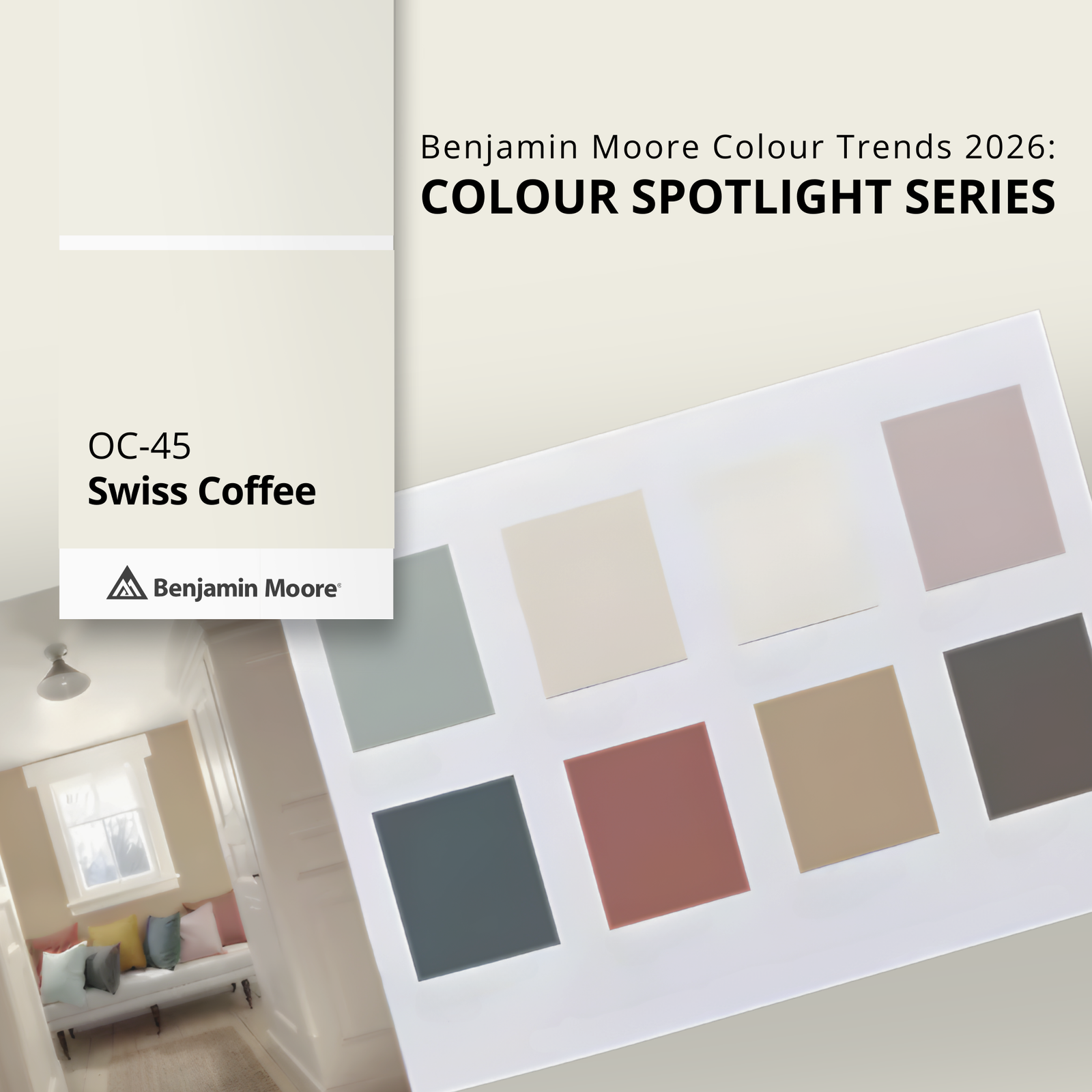 Swiss Coffee OC‑45: Warm & Versatile from the Benjamin Moore Colour Trends 2026 Palette