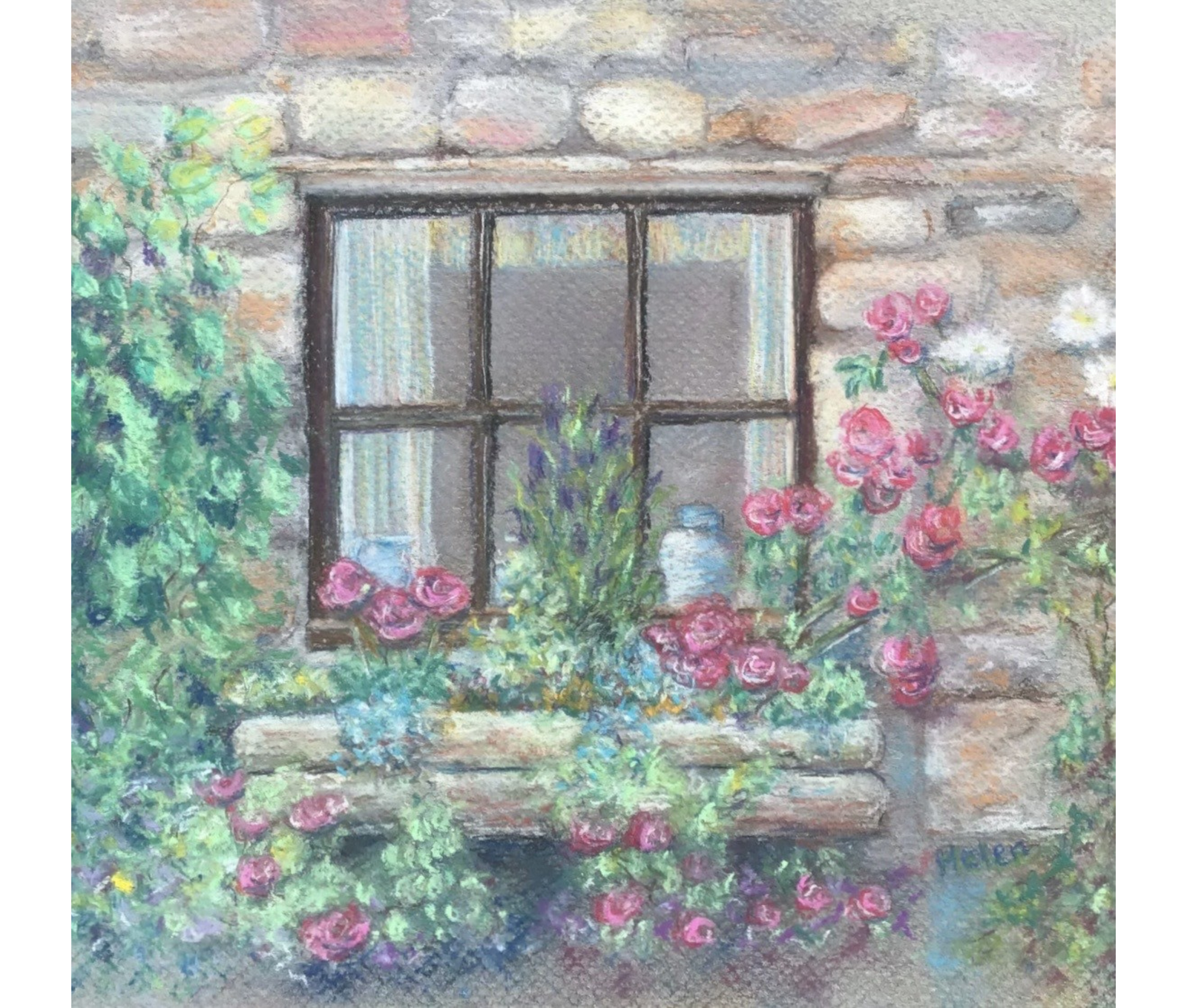 A painting by local Sudbury artist Helene Townend titled Old Cottage Window Box.