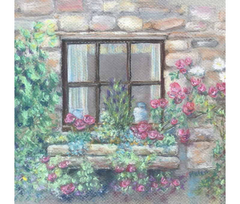 A painting by local Sudbury artist Helene Townend titled Old Cottage Window Box.
