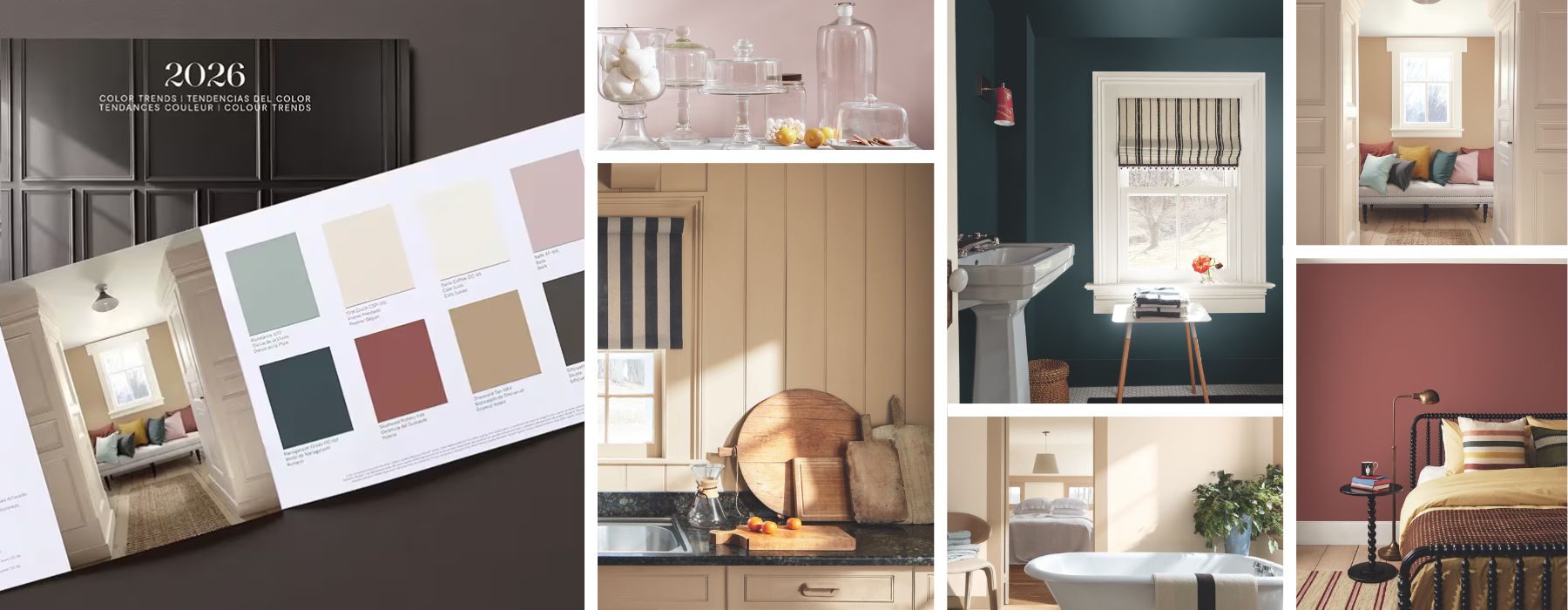 Collage of interior design images including color swatches, kitchen, bathroom, and bedroom. Showcasing colors from the Benjamin Moore 2026 Color Trends Palette.