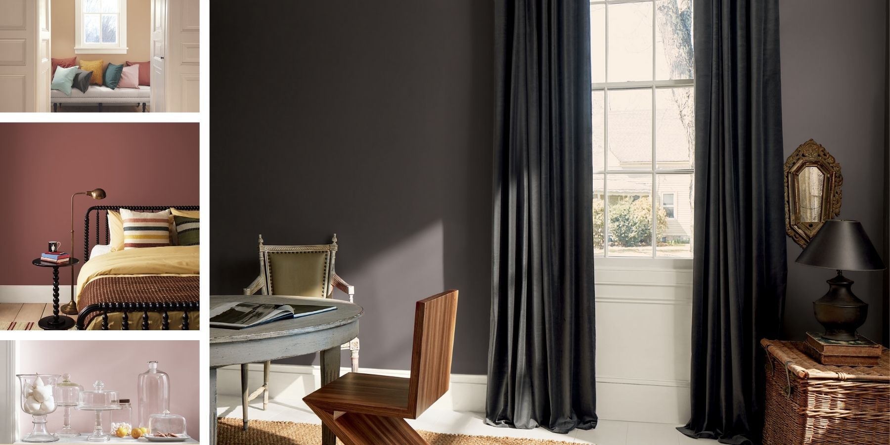 Collage of interior design elements and rooms showcasing colors from the Benjamin Moore 2026 Color Trends Palette.