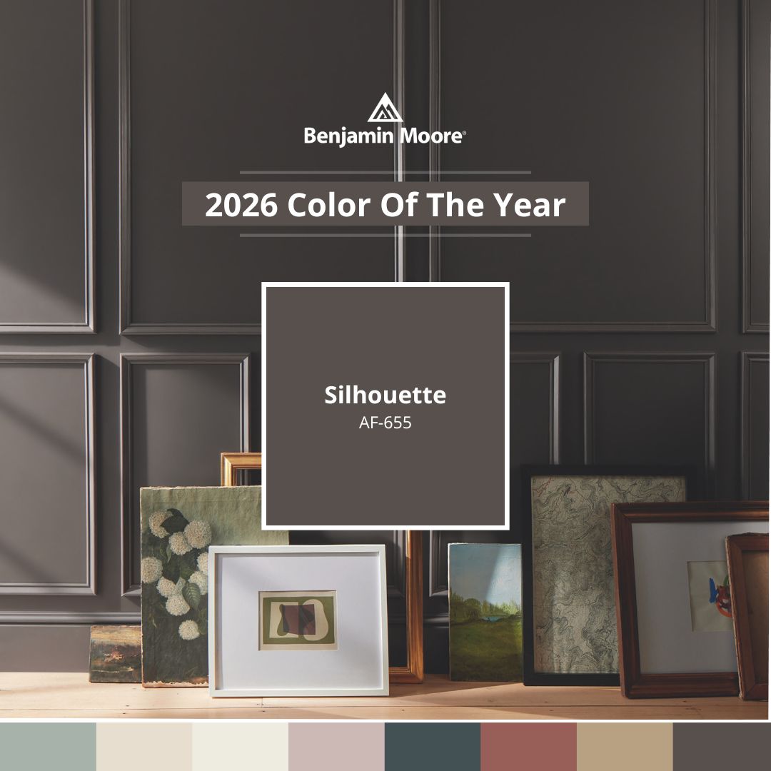 Benjamin Moore 2026 Color of the Year Silhouette AF-655 with framed artwork.