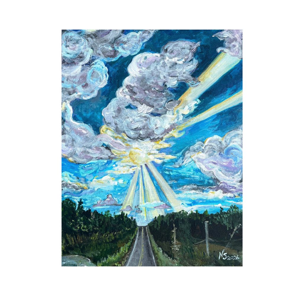 A painting by local Sudbury artist N. Schofieldtitled Golden Highway Drive