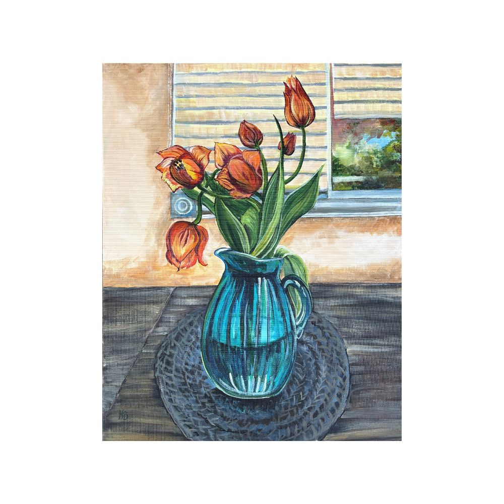 A painting by local Sudbury artist N. Schofield titled Simply Joyful Orange Tulips