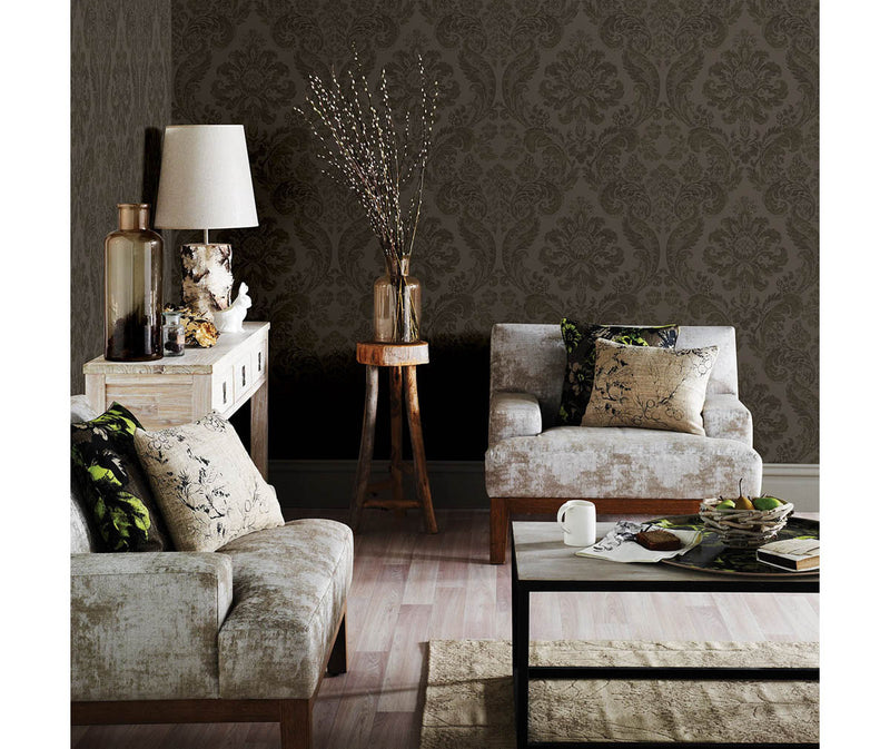 Shadow Brown Damask Wallpaper available at Barrydowne Paint