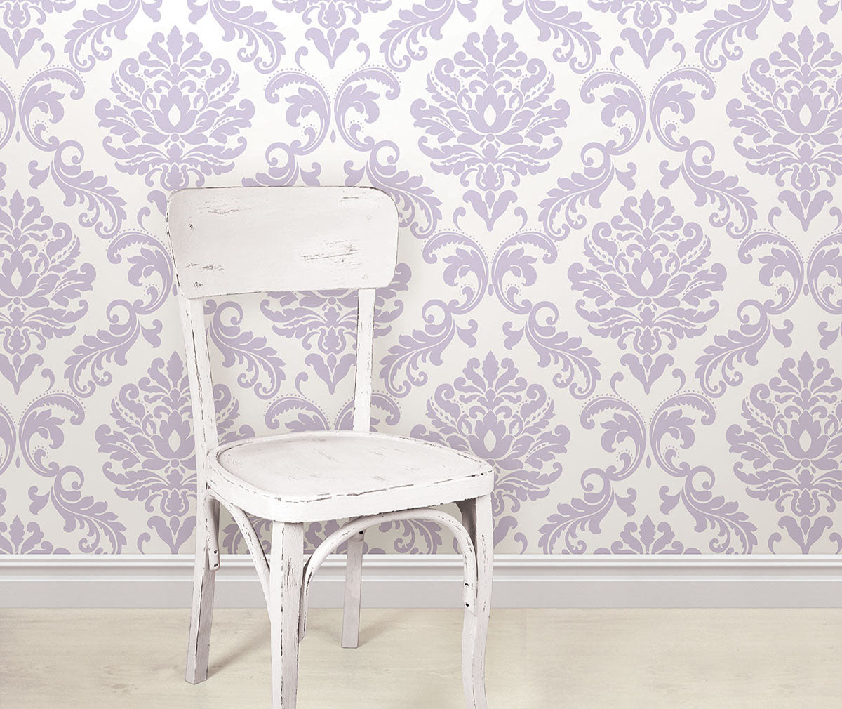 Purple damask peel & stick wallpaper from Barrydowne Paint.
