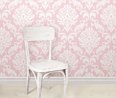 Pink classic damask peel and stick NuWallpaper pattern from Barrydowne Paint.