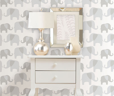 Gray elephant parade peel and stick wallpaper from Barrydowne Paint.