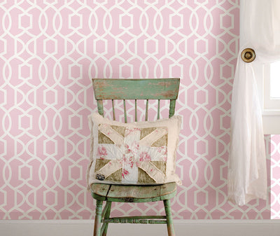Pink geometric wallpaper from peel & stick NuWallpaper available at Barrydowne Paint.
