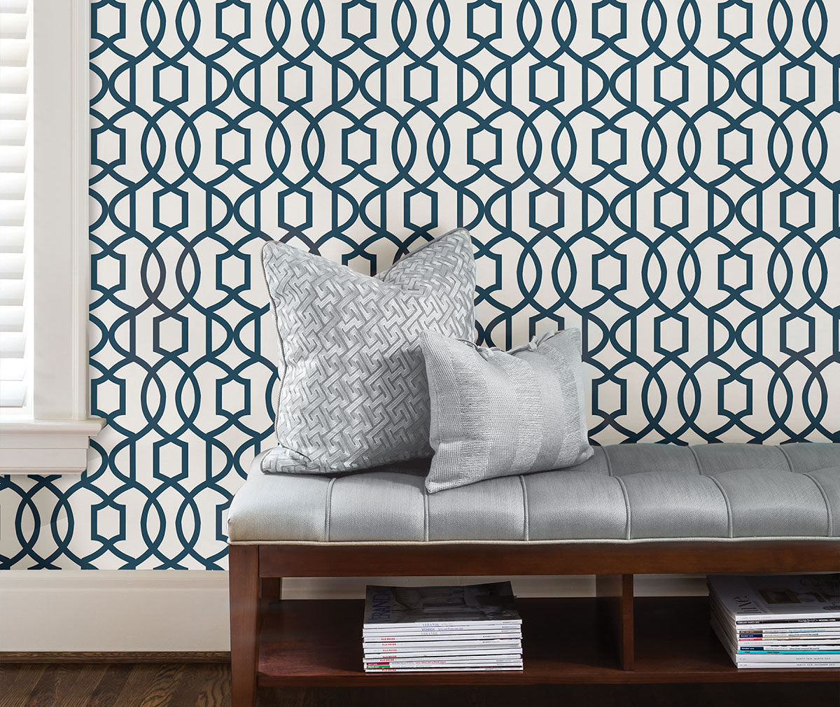 Navy wallpaper from peel & stick NuWallpaper available at Barrydowne Paint..
