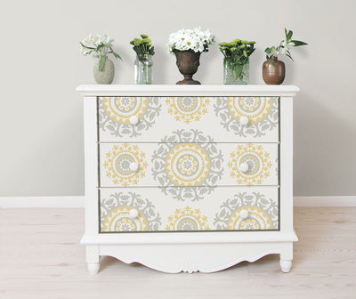 Yellow & warm grey wallpaper from peel & stick NuWallpaper available at Barrydowne Paint..