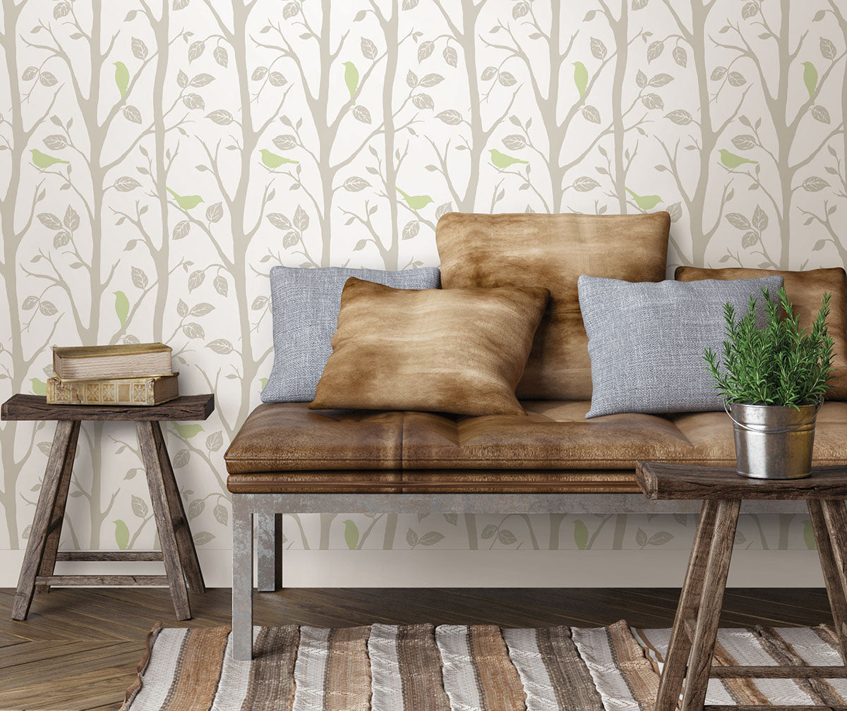 Green and grey nature themed peel and stick wallpaper at Barrydowne Paint.