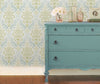 Varying array of blue and green ombre shading damask style wallpaper from Barrydowne Paint.