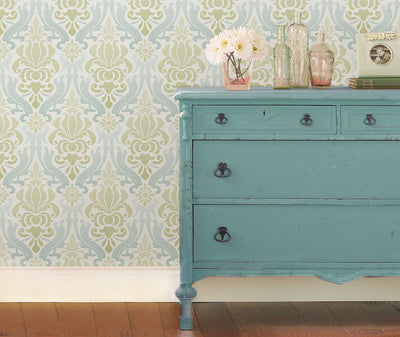 Varying array of blue and green ombre shading damask style wallpaper from Barrydowne Paint.