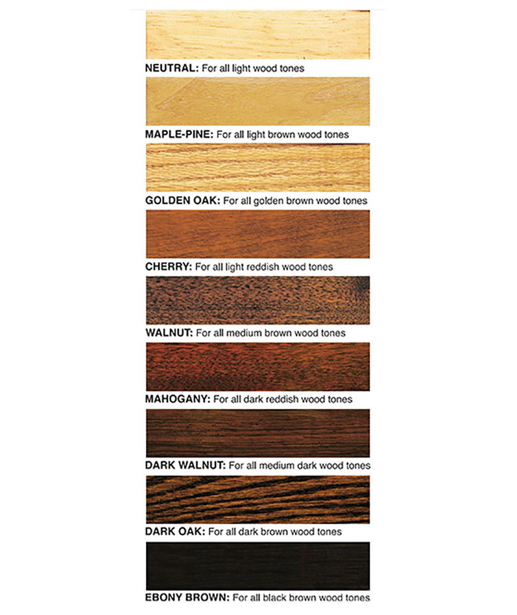 Howard's Restor-A-Finish in neutral, maple pine, golden oak, walnut, cherry, mahogany, dark walnut, dark oak, and ebony brown